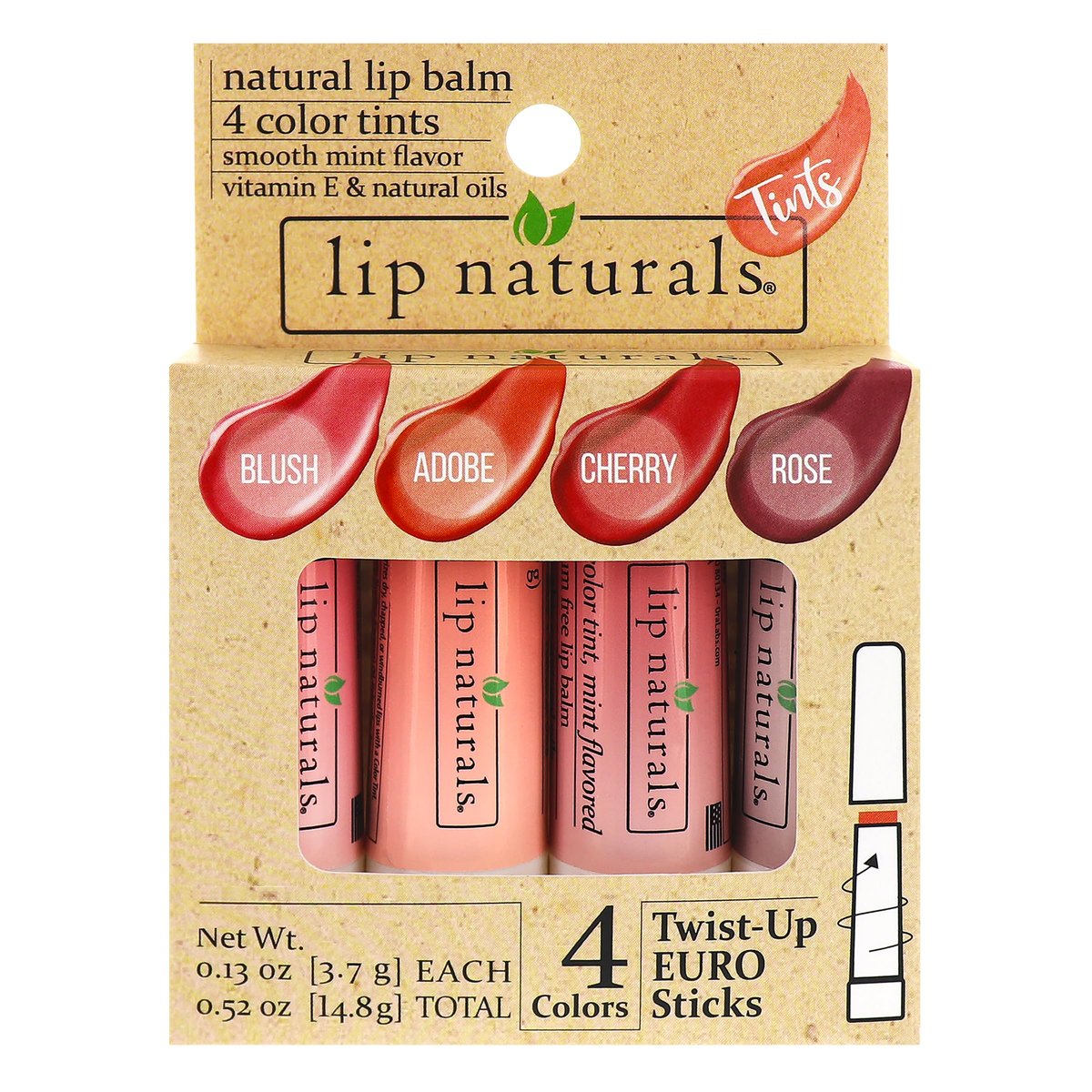 Lip Naturals Tinted Lip Balm 4 Pack - Assorted Colors with Beeswax, Coconut Oil, Vitamin E, and Aloe - Moisturizing Mint Flavored Lip Care - görsel 1