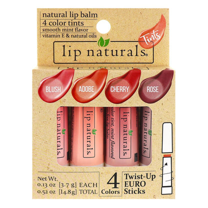 Lip Naturals Tinted Lip Balm 4 Pack - Assorted Colors with Beeswax, Coconut Oil, Vitamin E, and Aloe - Moisturizing Mint Flavored Lip Care