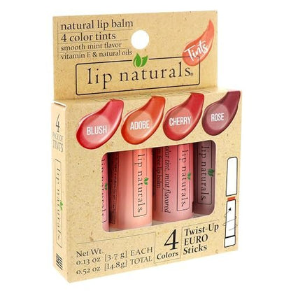 Lip Naturals Tinted Lip Balm 4 Pack - Assorted Colors with Beeswax, Coconut Oil, Vitamin E, and Aloe - Moisturizing Mint Flavored Lip Care