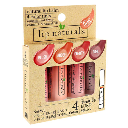 Lip Naturals Tinted Lip Balm 4 Pack - Assorted Colors with Beeswax, Coconut Oil, Vitamin E, and Aloe - Moisturizing Mint Flavored Lip Care