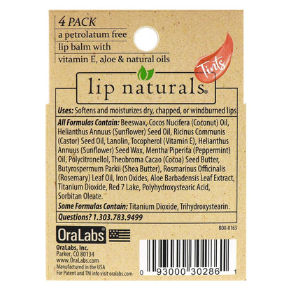 Lip Naturals Tinted Lip Balm 4 Pack - Assorted Colors with Beeswax, Coconut Oil, Vitamin E, and Aloe - Moisturizing Mint Flavored Lip Care