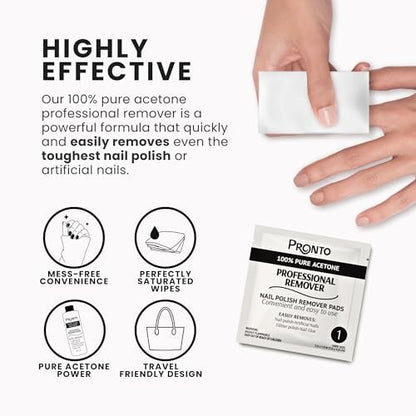 Pronto Nail Polish Remover Pads – 10 Individually Wrapped Pure Acetone Wipes for Salon & Home Use