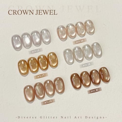 GAOY Brown Glitter Cat Eye Gel Polish Kit with Magnet - 6 Color Silver Holographic Nail Set for DIY Manicure (Crown Jewel, 0.22 oz each) Avelisse