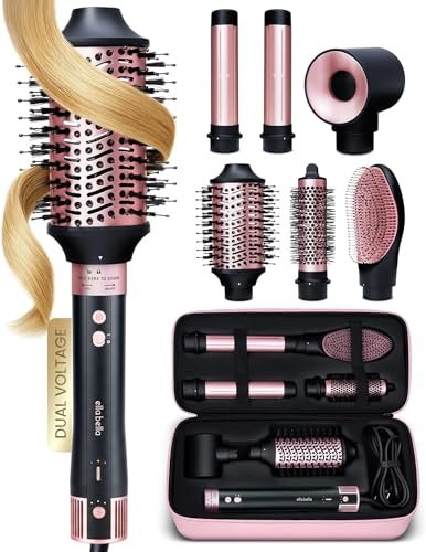 ELLA BELLA 6 in 1 Professional Hot Air Styler - Dual Voltage Hair Dryer & Straightener Set, Fast Drying Curling Volumizing Straightening, with Travel Case (Black/Rose Gold) Avelisse