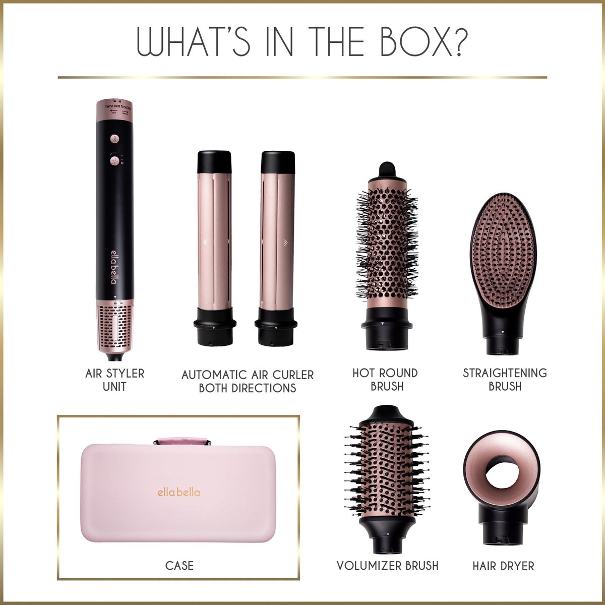 ELLA BELLA 6 in 1 Professional Hot Air Styler - Dual Voltage Hair Dryer & Straightener Set, Fast Drying Curling Volumizing Straightening, with Travel Case (Black/Rose Gold) Avelisse