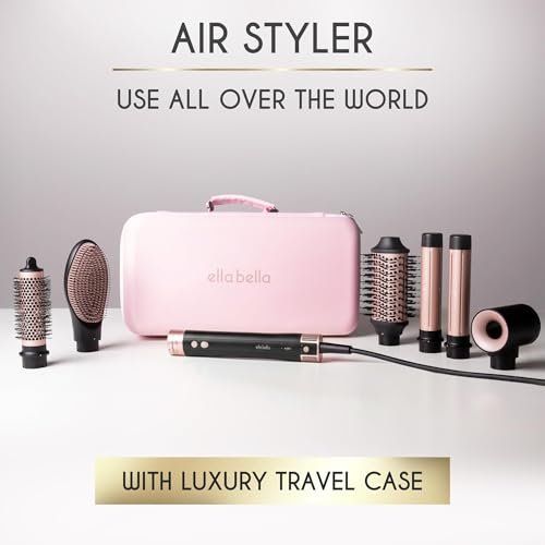 ELLA BELLA 6 in 1 Professional Hot Air Styler - Dual Voltage Hair Dryer & Straightener Set, Fast Drying Curling Volumizing Straightening, with Travel Case (Black/Rose Gold) Avelisse