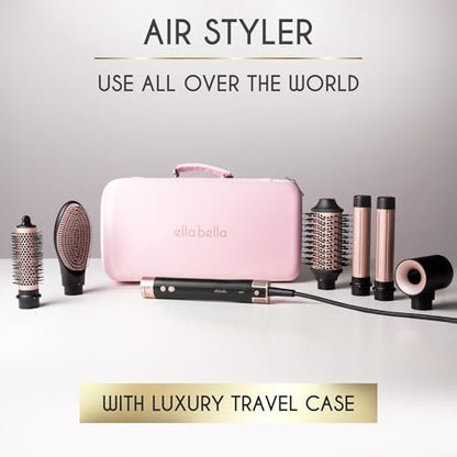 ELLA BELLA 6 in 1 Professional Hot Air Styler - Dual Voltage Hair Dryer & Straightener Set, Fast Drying Curling Volumizing Straightening, with Travel Case (Black/Rose Gold) Avelisse