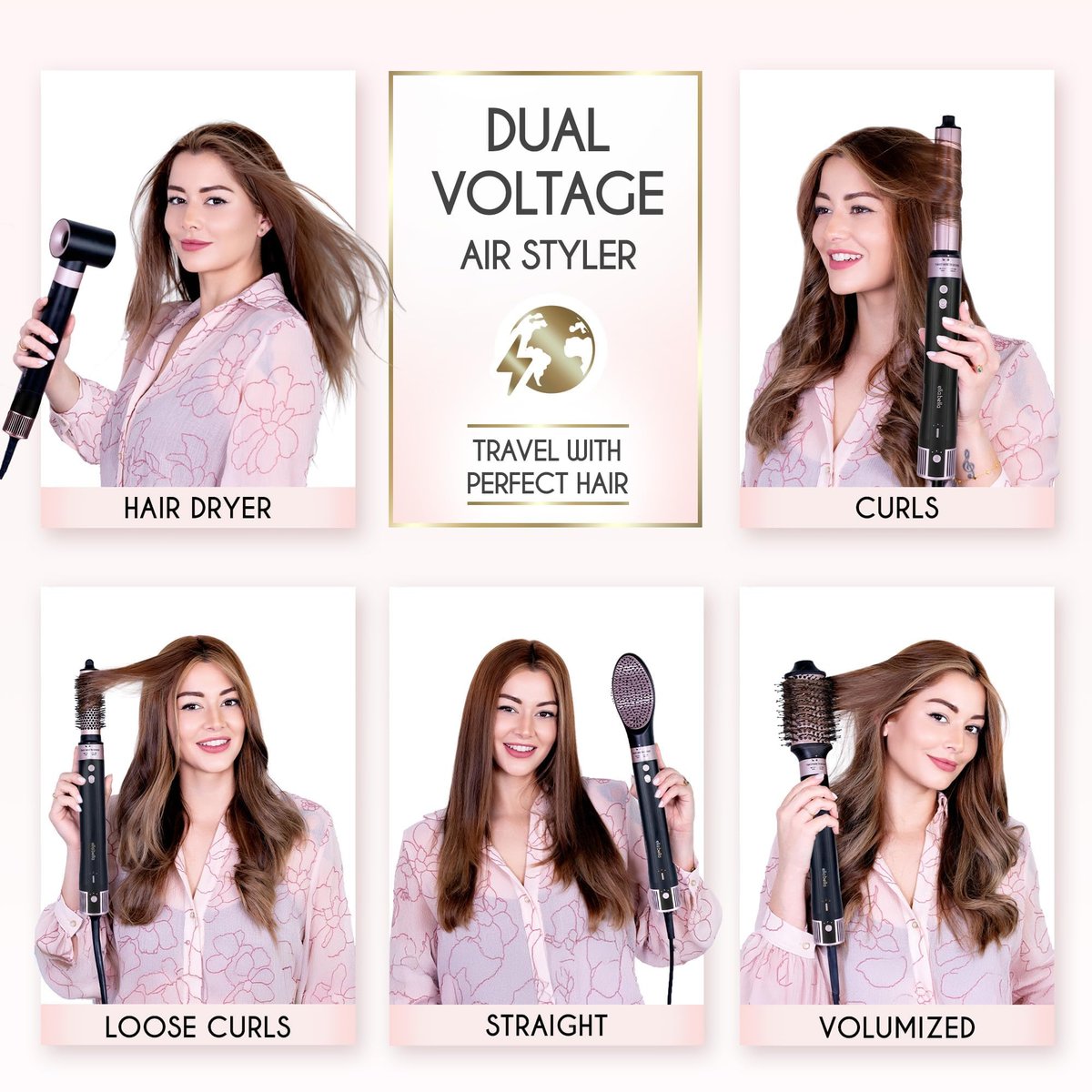 ELLA BELLA 6 in 1 Professional Hot Air Styler - Dual Voltage Hair Dryer & Straightener Set, Fast Drying Curling Volumizing Straightening, with Travel Case (Black/Rose Gold) Avelisse