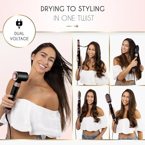 ELLA BELLA 6 in 1 Professional Hot Air Styler - Dual Voltage Hair Dryer & Straightener Set, Fast Drying Curling Volumizing Straightening, with Travel Case (Black/Rose Gold) Avelisse