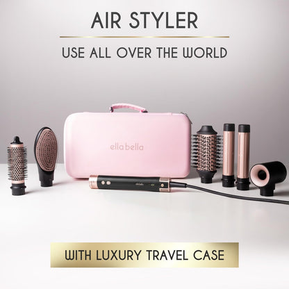 ELLA BELLA 6 in 1 Professional Hot Air Styler - Dual Voltage Hair Dryer & Straightener Set, Fast Drying Curling Volumizing Straightening, with Travel Case (Black/Rose Gold) Avelisse