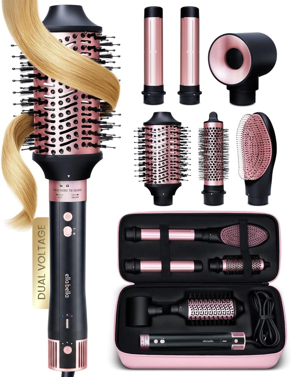 ELLA BELLA 6 in 1 Professional Hot Air Styler - Dual Voltage Hair Dryer & Straightener Set, Fast Drying Curling Volumizing Straightening, with Travel Case (Black/Rose Gold) Avelisse