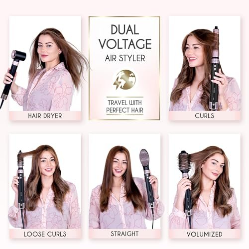 ELLA BELLA 6 in 1 Professional Hot Air Styler - Dual Voltage Hair Dryer & Straightener Set, Fast Drying Curling Volumizing Straightening, with Travel Case (Black/Rose Gold) Avelisse