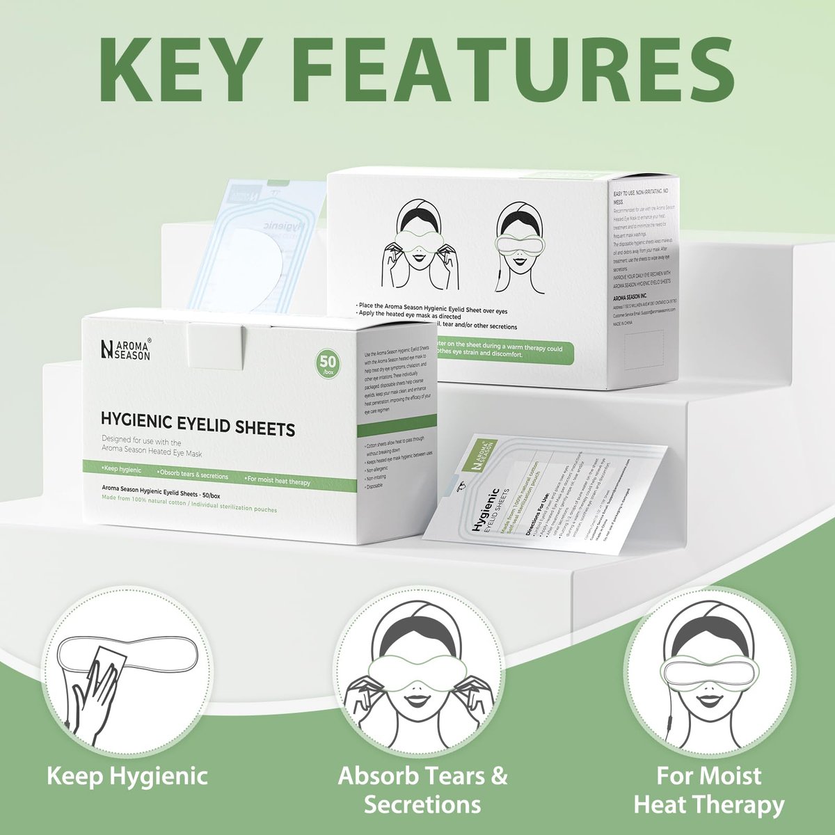 Aroma Season 100% Natural Cotton Hygienic Eyelid Sheets – 50 Individually Wrapped, Untreated Sheets for Use with Heated Eye Mask Avelisse