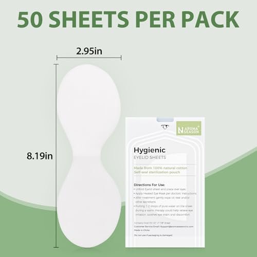 Aroma Season 100% Natural Cotton Hygienic Eyelid Sheets – 50 Individually Wrapped, Untreated Sheets for Use with Heated Eye Mask Avelisse