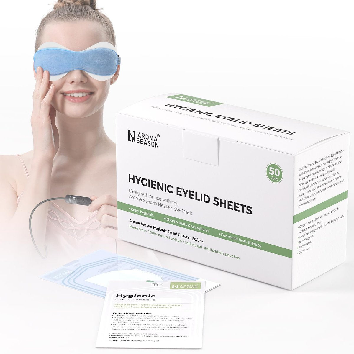 Aroma Season 100% Natural Cotton Hygienic Eyelid Sheets – 50 Individually Wrapped, Untreated Sheets for Use with Heated Eye Mask Avelisse