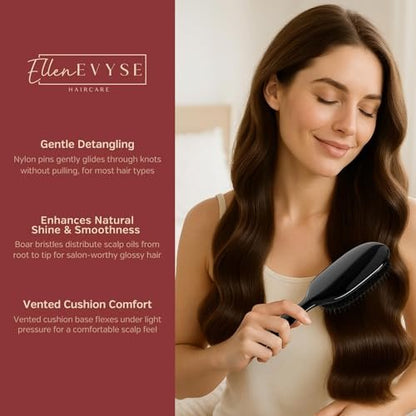 Ellen Evyse Boar Bristle Hair Brush with Nylon Pins – Smoothing, Detangling & Shine for Women and Men Avelisse