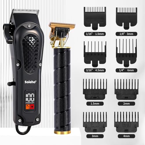 soieho Professional Hair Clipper and Shaver Set - Cordless T-Shaped Sideburn Trimmer for Men - Stainless Steel Black Avelisse