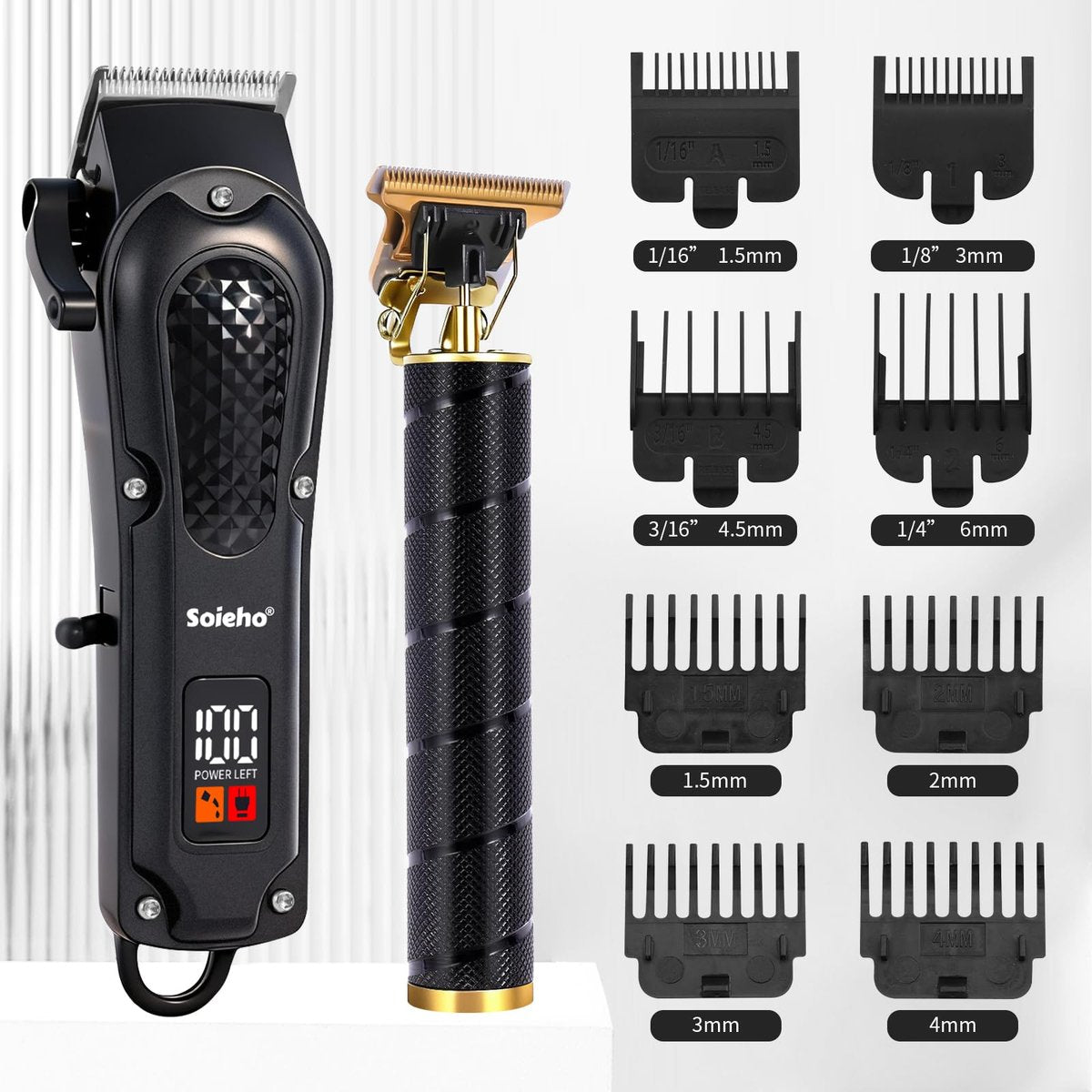soieho Professional Hair Clipper and Shaver Set - Cordless T-Shaped Sideburn Trimmer for Men - Stainless Steel Black Avelisse