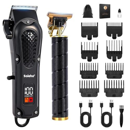 soieho Professional Hair Clipper and Shaver Set - Cordless T-Shaped Sideburn Trimmer for Men - Stainless Steel Black Avelisse