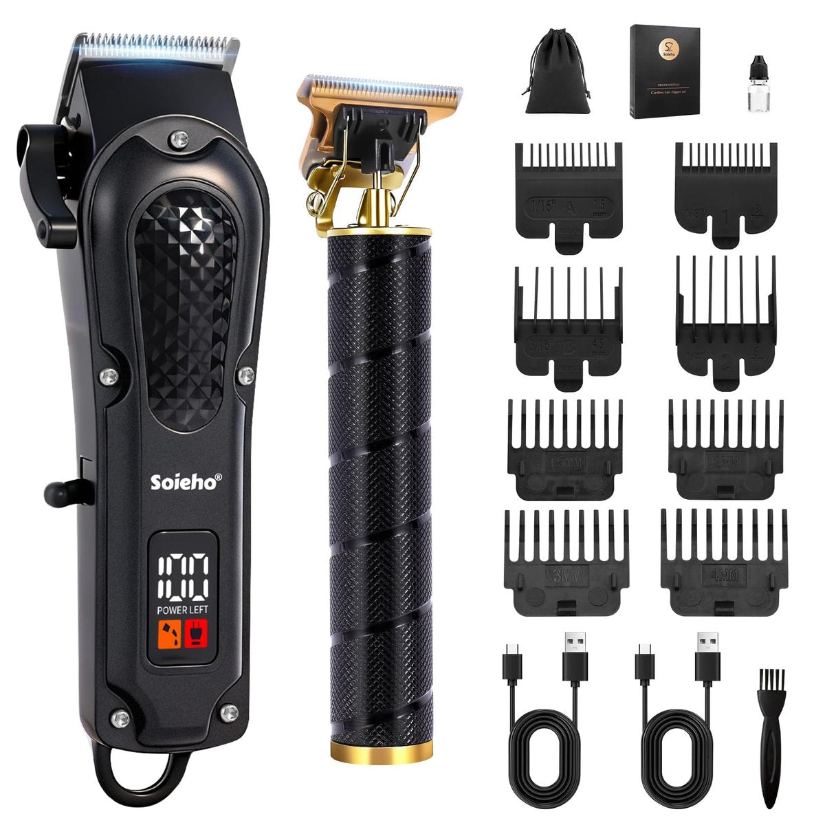 soieho Professional Hair Clipper and Shaver Set - Cordless T-Shaped Sideburn Trimmer for Men - Stainless Steel Black Avelisse
