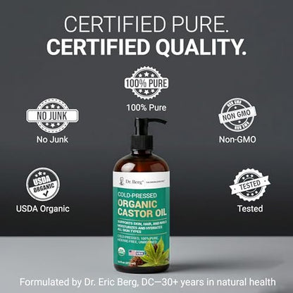Dr. Berg Organic Castor Oil – 16 fl oz Cold-Pressed, Pure, Unrefined – USDA Organic, Glass Bottle Avelisse