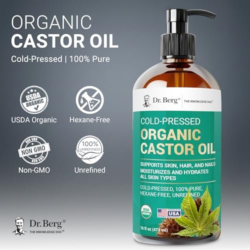 Dr. Berg Organic Castor Oil – 16 fl oz Cold-Pressed, Pure, Unrefined – USDA Organic, Glass Bottle Avelisse