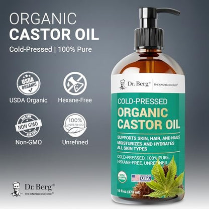 Dr. Berg Organic Castor Oil – 16 fl oz Cold-Pressed, Pure, Unrefined – USDA Organic, Glass Bottle Avelisse