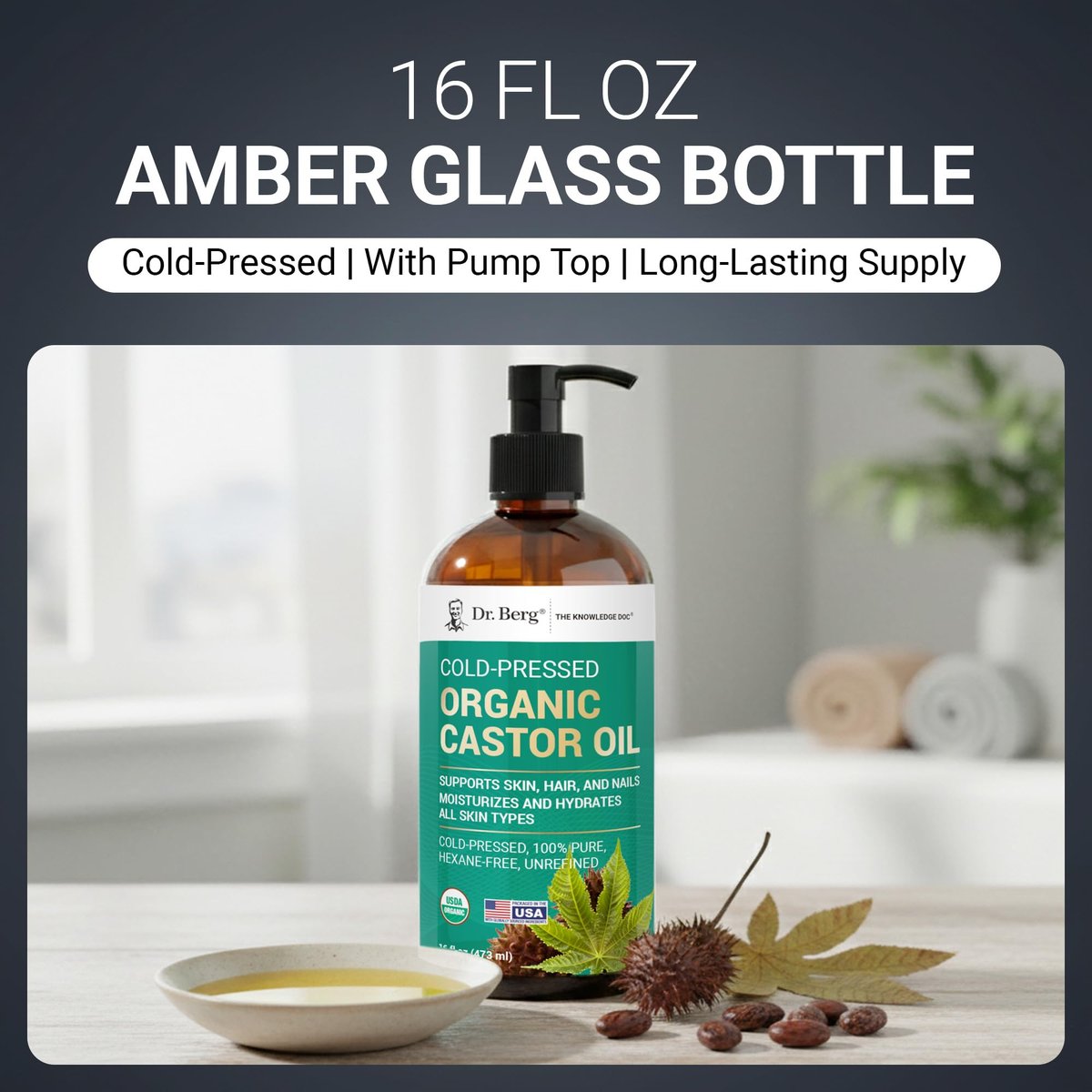 Dr. Berg Organic Castor Oil – 16 fl oz Cold-Pressed, Pure, Unrefined – USDA Organic, Glass Bottle Avelisse