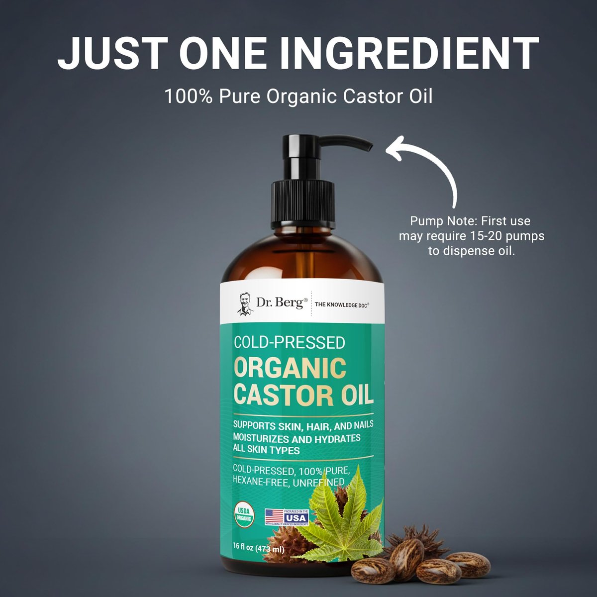 Dr. Berg Organic Castor Oil – 16 fl oz Cold-Pressed, Pure, Unrefined – USDA Organic, Glass Bottle Avelisse