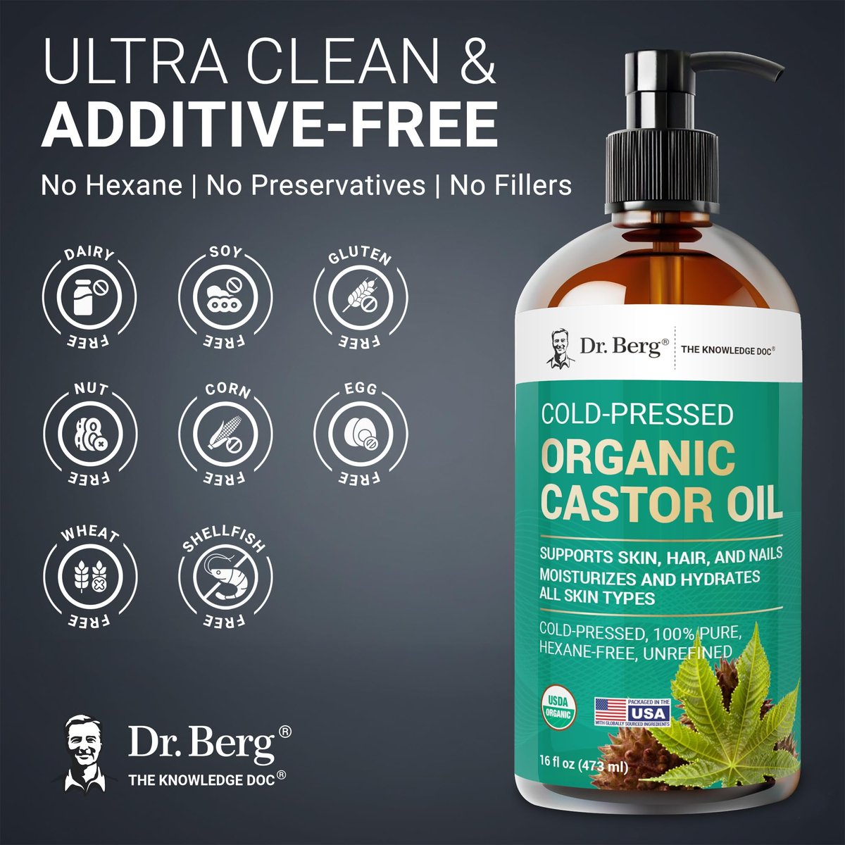 Dr. Berg Organic Castor Oil – 16 fl oz Cold-Pressed, Pure, Unrefined – USDA Organic, Glass Bottle Avelisse