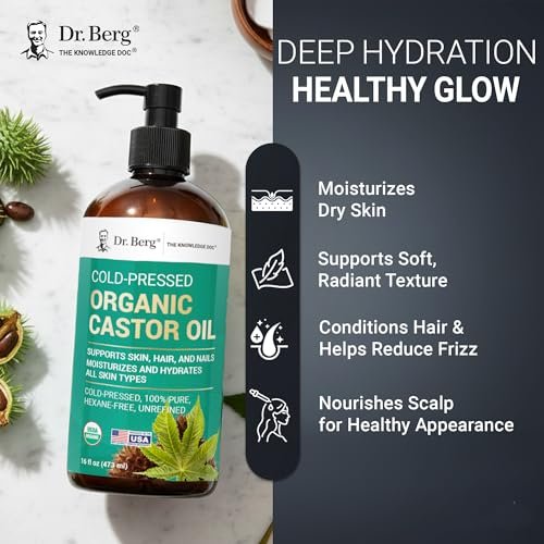 Dr. Berg Organic Castor Oil – 16 fl oz Cold-Pressed, Pure, Unrefined – USDA Organic, Glass Bottle Avelisse