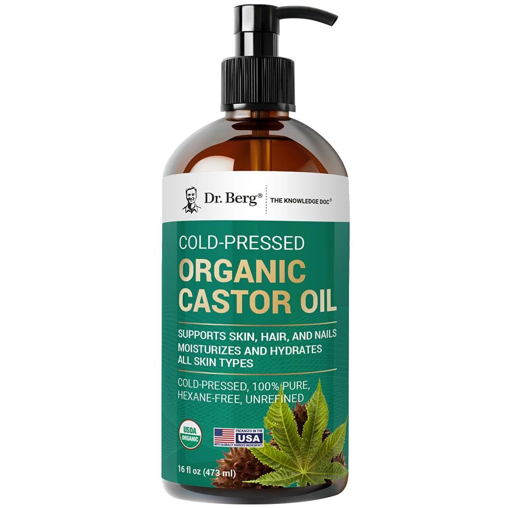 Dr. Berg Organic Castor Oil – 16 fl oz Cold-Pressed, Pure, Unrefined – USDA Organic, Glass Bottle Avelisse