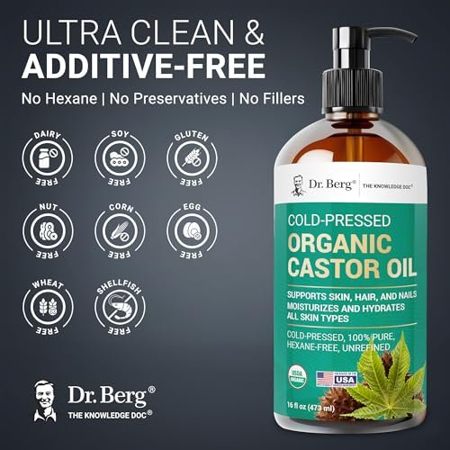 Dr. Berg Organic Castor Oil – 16 fl oz Cold-Pressed, Pure, Unrefined – USDA Organic, Glass Bottle Avelisse