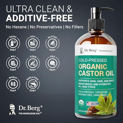 Dr. Berg Organic Castor Oil – 16 fl oz Cold-Pressed, Pure, Unrefined – USDA Organic, Glass Bottle Avelisse