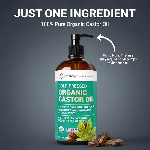 Dr. Berg Organic Castor Oil – 16 fl oz Cold-Pressed, Pure, Unrefined – USDA Organic, Glass Bottle Avelisse