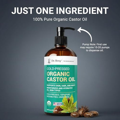 Dr. Berg Organic Castor Oil – 16 fl oz Cold-Pressed, Pure, Unrefined – USDA Organic, Glass Bottle Avelisse