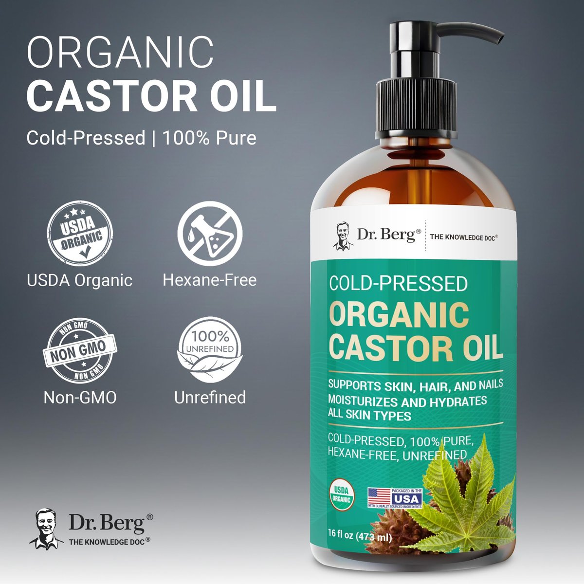 Dr. Berg Organic Castor Oil – 16 fl oz Cold-Pressed, Pure, Unrefined – USDA Organic, Glass Bottle Avelisse