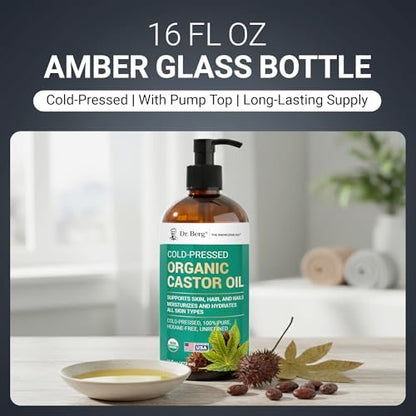 Dr. Berg Organic Castor Oil – 16 fl oz Cold-Pressed, Pure, Unrefined – USDA Organic, Glass Bottle Avelisse