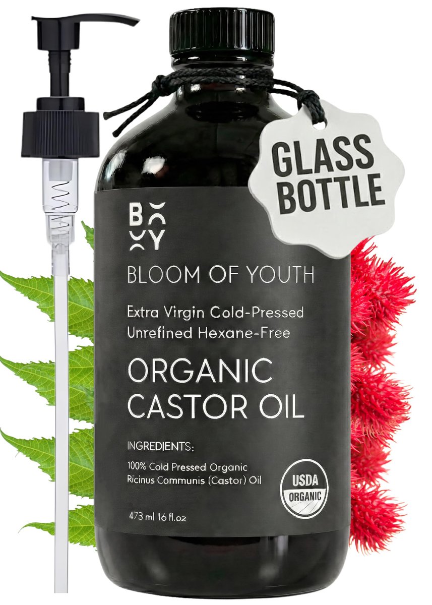 100% Pure Cold Pressed Organic Castor Oil, Glass Bottle 16oz | Hexane Free, Unrefined, USDA Certified | For Hair, Skincare, Castor Oil Pack, Face, Joints, Carrier Oil, Eyelashes, Eyebrows Avelisse