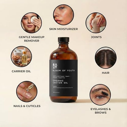 100% Pure Cold Pressed Organic Castor Oil, Glass Bottle 16oz | Hexane Free, Unrefined, USDA Certified | For Hair, Skincare, Castor Oil Pack, Face, Joints, Carrier Oil, Eyelashes, Eyebrows Avelisse