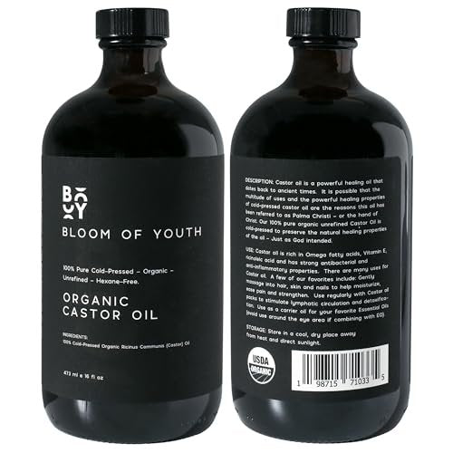 100% Pure Cold Pressed Organic Castor Oil, Glass Bottle 16oz | Hexane Free, Unrefined, USDA Certified | For Hair, Skincare, Castor Oil Pack, Face, Joints, Carrier Oil, Eyelashes, Eyebrows Avelisse