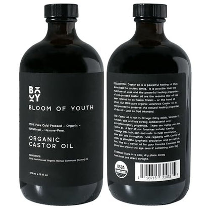 100% Pure Cold Pressed Organic Castor Oil, Glass Bottle 16oz | Hexane Free, Unrefined, USDA Certified | For Hair, Skincare, Castor Oil Pack, Face, Joints, Carrier Oil, Eyelashes, Eyebrows Avelisse