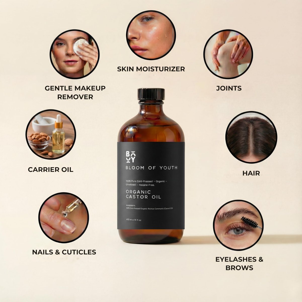 100% Pure Cold Pressed Organic Castor Oil, Glass Bottle 16oz | Hexane Free, Unrefined, USDA Certified | For Hair, Skincare, Castor Oil Pack, Face, Joints, Carrier Oil, Eyelashes, Eyebrows Avelisse