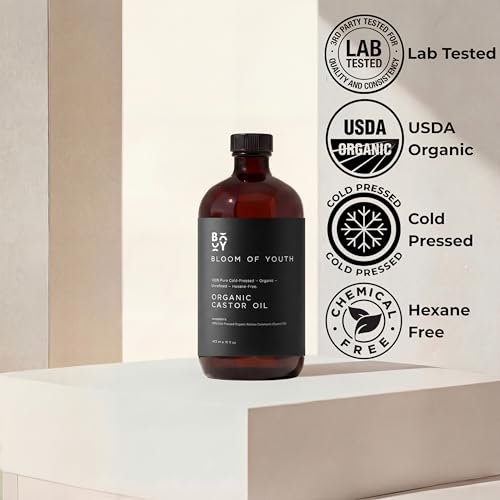 100% Pure Cold Pressed Organic Castor Oil, Glass Bottle 16oz | Hexane Free, Unrefined, USDA Certified | For Hair, Skincare, Castor Oil Pack, Face, Joints, Carrier Oil, Eyelashes, Eyebrows Avelisse