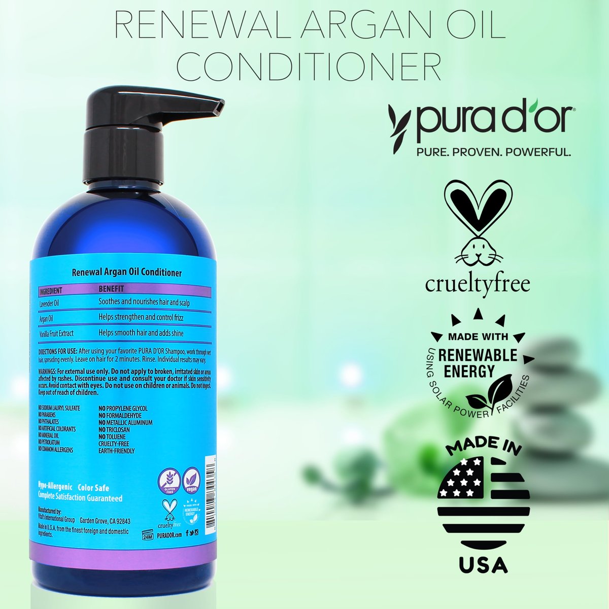 PURA D'OR 16 oz Renewal Argan Oil Conditioner – Sulfate-Free, Hydrating, Frizz Control, Color-Safe, with Organic Aloe Vera & Argan Oil, Nourishing & Strengthening for Dry, Damaged Hair Avelisse