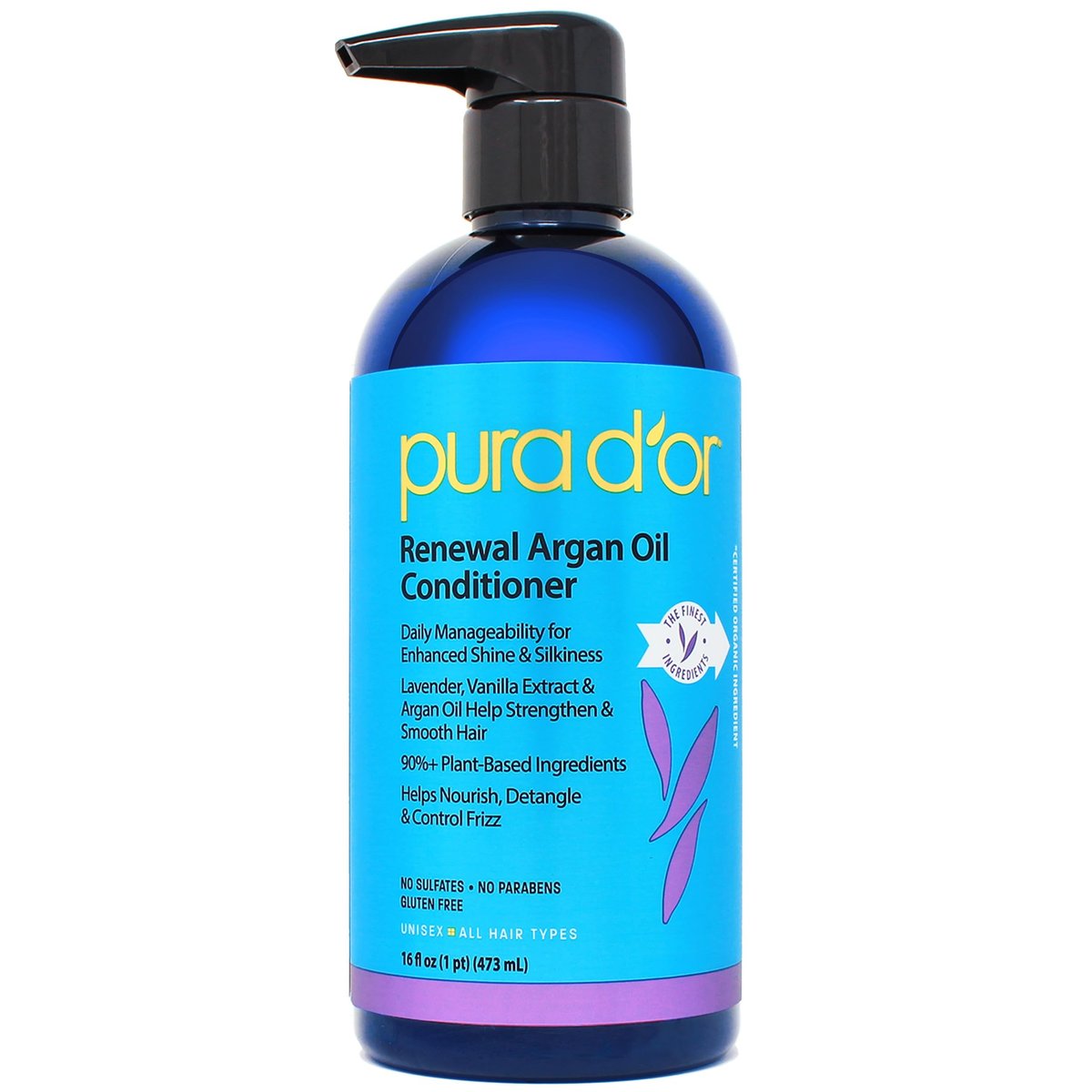 PURA D'OR 16 oz Renewal Argan Oil Conditioner – Sulfate-Free, Hydrating, Frizz Control, Color-Safe, with Organic Aloe Vera & Argan Oil, Nourishing & Strengthening for Dry, Damaged Hair Avelisse