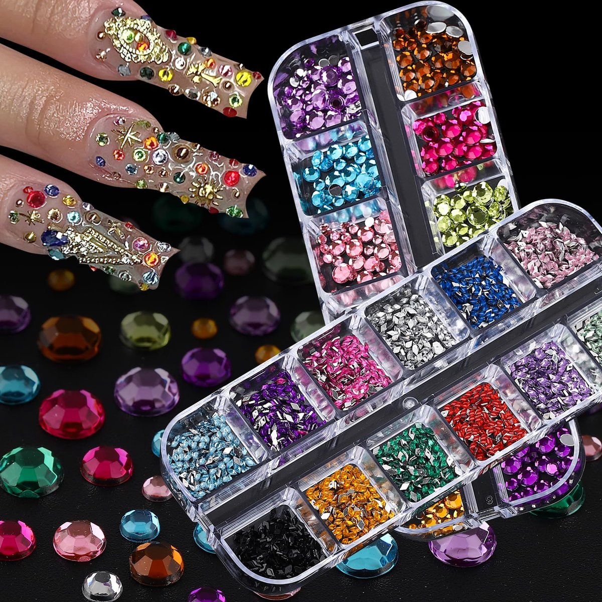 ROFIBUT 6 Boxes Colorful Crystal Rhinestones Nail Gems – Multi Shape Flat Back Charms 2mm 3mm for DIY Nail Art, Crafts, and Eye Makeup Avelisse