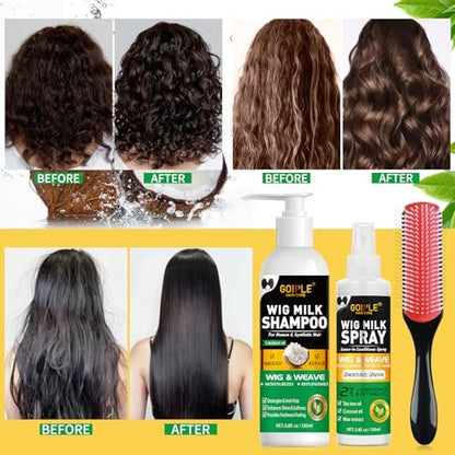Goiple Wig Shampoo for Synthetic Wigs & Wig Milk Spray for Synthetic Hair - Detangle, Anti-Frizz, Hydrate & Moisturize - Includes Detangler Brush (2.27 Fl Oz, Pack of 3)