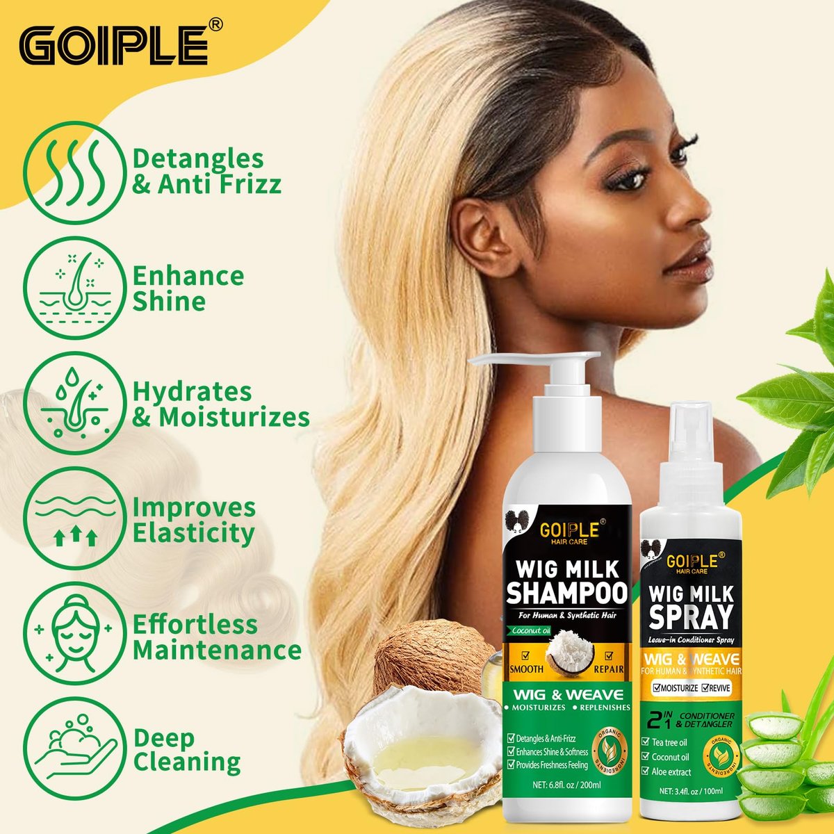 Goiple Wig Shampoo for Synthetic Wigs & Wig Milk Spray for Synthetic Hair - Detangle, Anti-Frizz, Hydrate & Moisturize - Includes Detangler Brush (2.27 Fl Oz, Pack of 3) - görsel 7