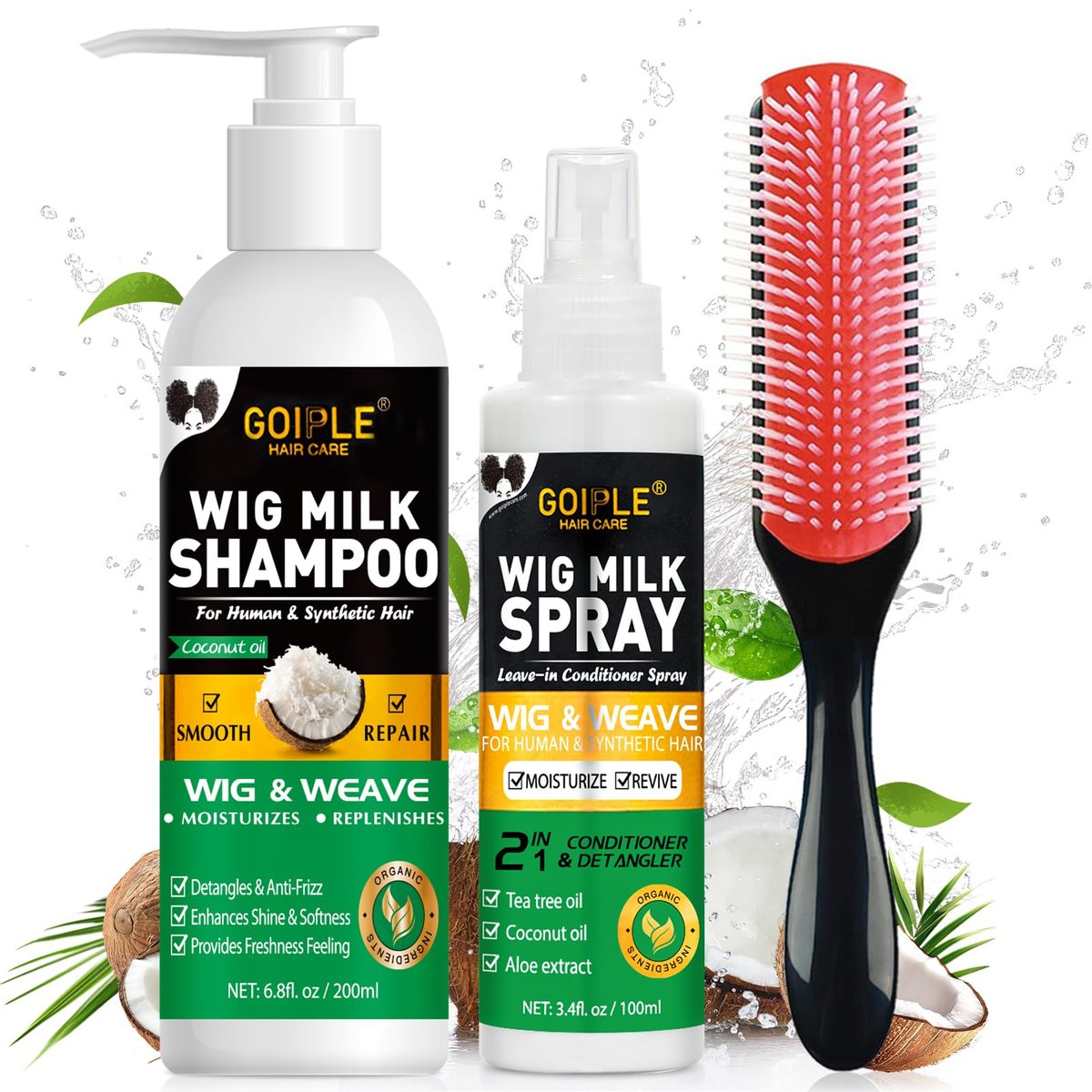 Goiple Wig Shampoo for Synthetic Wigs & Wig Milk Spray for Synthetic Hair - Detangle, Anti-Frizz, Hydrate & Moisturize - Includes Detangler Brush (2.27 Fl Oz, Pack of 3) - görsel 1